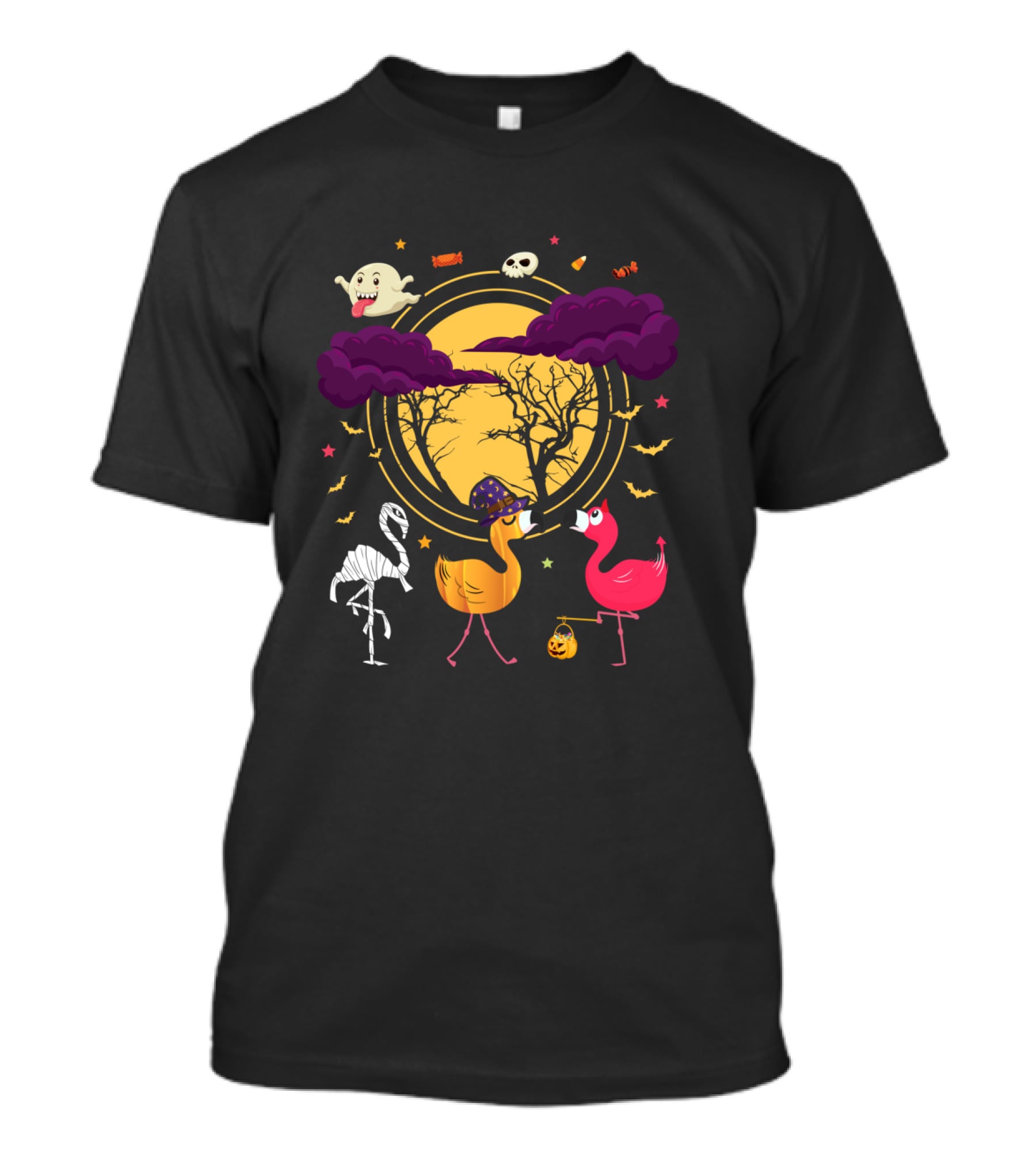 Flamingo Halloween Night With Spooky Duck Skeleton Ghosts Bats Candy Moon T-Shirt
