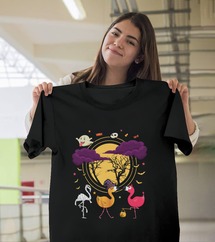Flamingo Halloween Night With Spooky Duck Skeleton Ghosts Bats Candy Moon T-Shirt