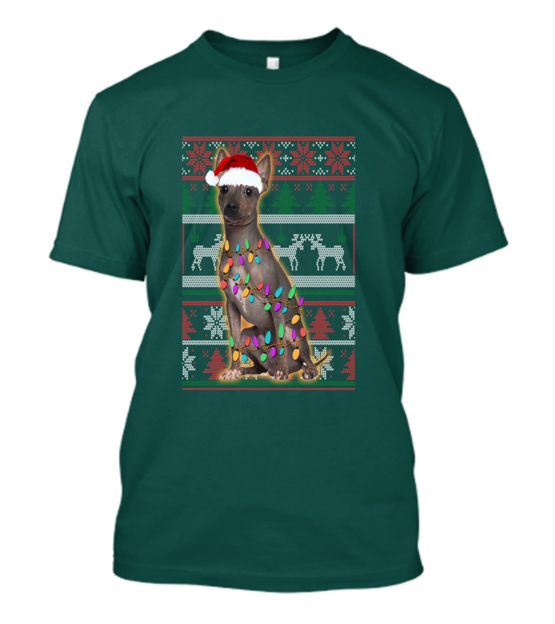 American Hairless Terrier Christmas Lights Santa Hat T-Shirt