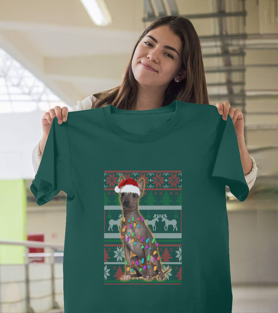 American Hairless Terrier Christmas Lights Santa Hat T-Shirt