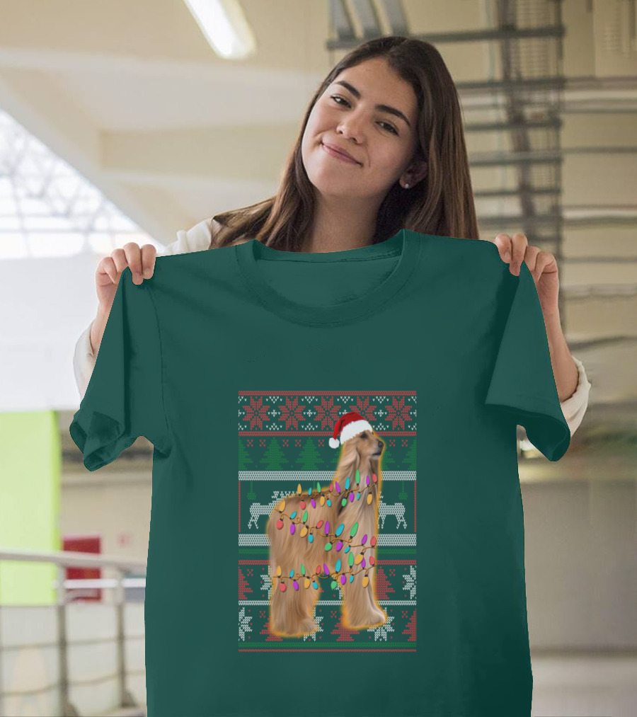 Afghan Hound Christmas Lights Santa Hat Ugly T-Shirt