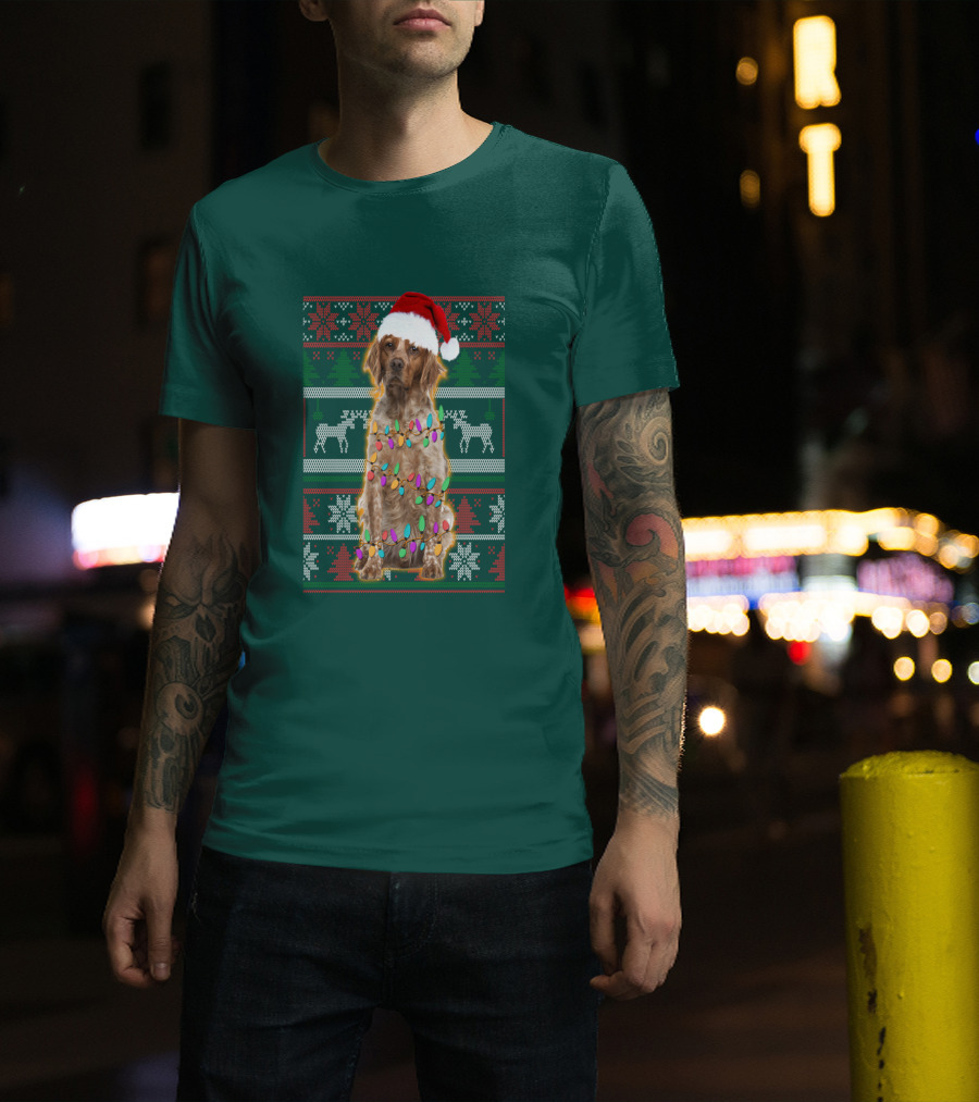 Brittany Dog Santa Hat Christmas Lights And Reindeer Snowflakes T-Shirt