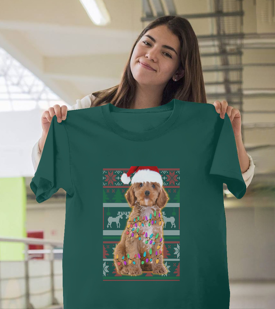 Cockapoo Santa Hat Christmas Lights Reindeer Ugly T-Shirt