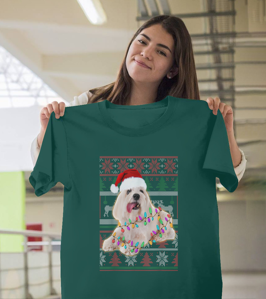 Coton De Tulear Holiday Lights Christmas Sweater Santa Hat T-Shirt