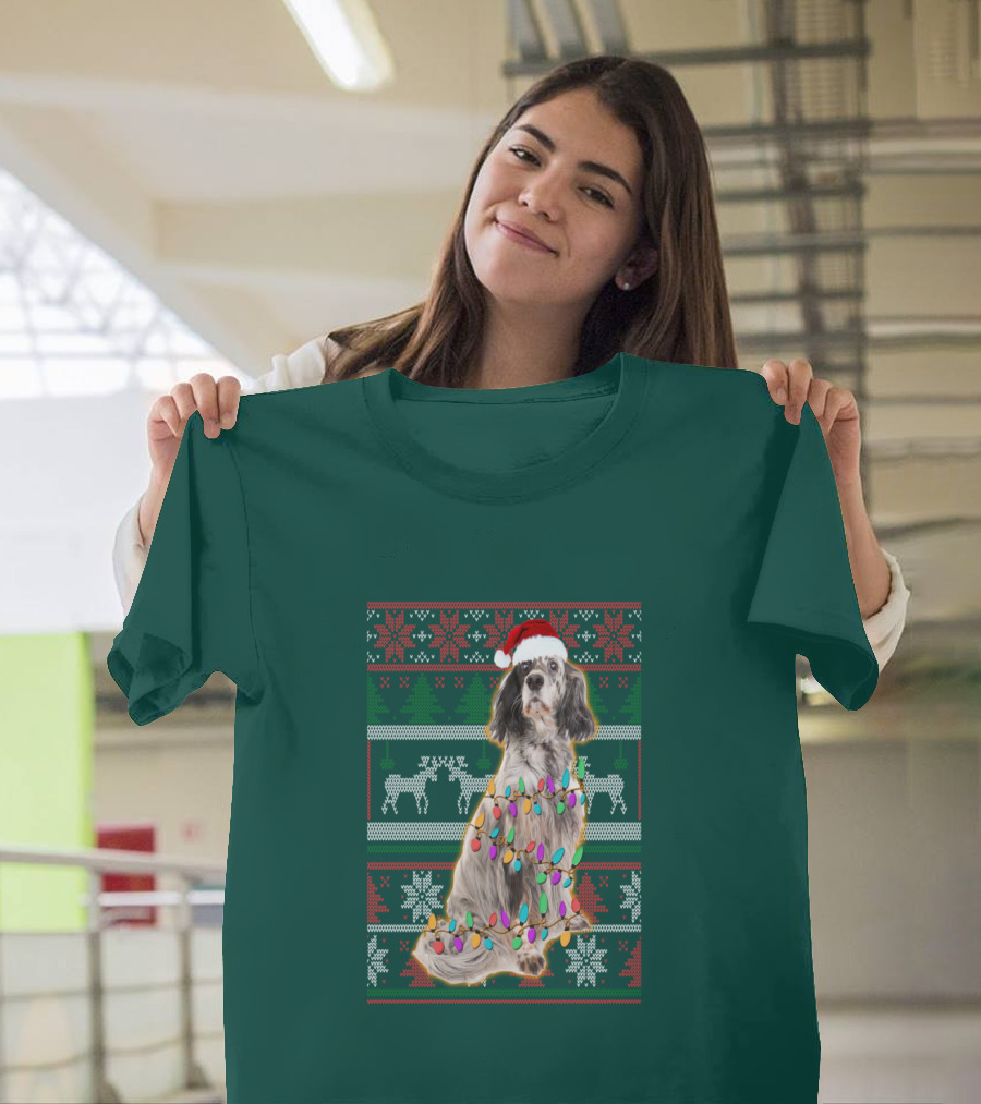 English Setter Christmas Lights Ugly Sweater Santa Hat T-Shirt