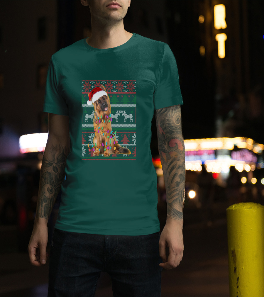 German Shepherd Santa Hat Christmas Lights Ugly Sweater Reindeer T-Shirt