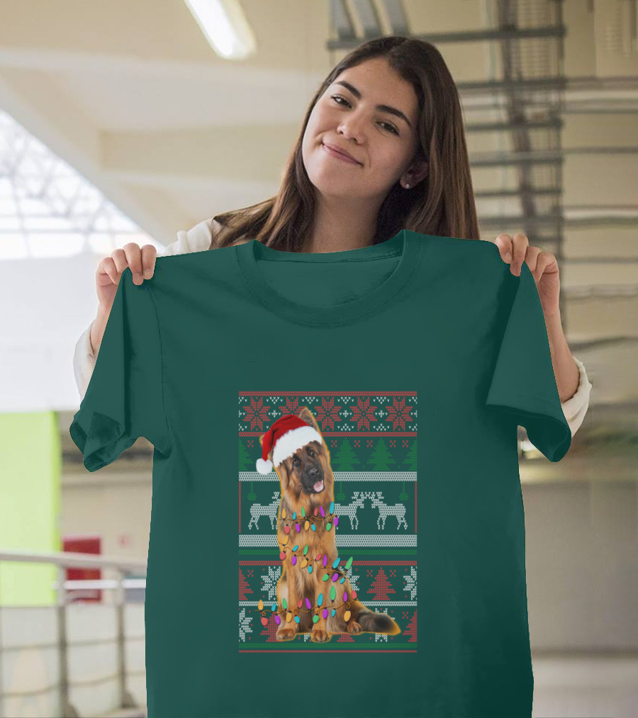 German Shepherd Santa Hat Christmas Lights Ugly Sweater Reindeer T-Shirt