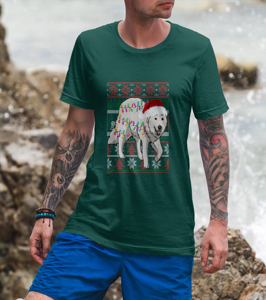 Great Pyrenees Christmas Lights And Santa Hat Holiday T-Shirt