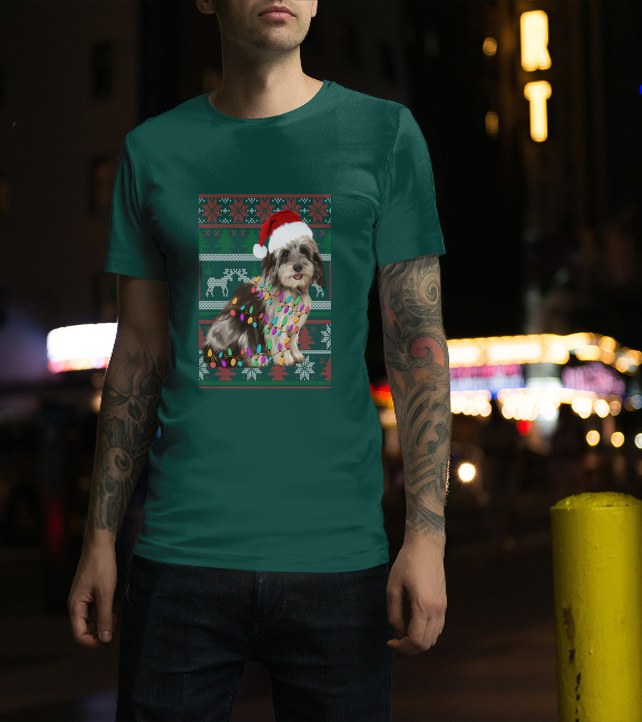 Havanese Festive Christmas Lights Santa Hat Ugly T-Shirt