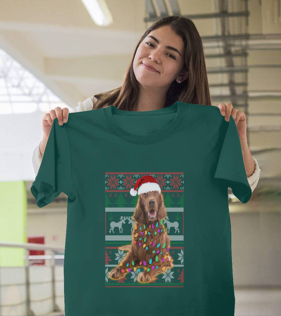 Christmas Irish Setter Reindeer Santa Hat Lights T-Shirt