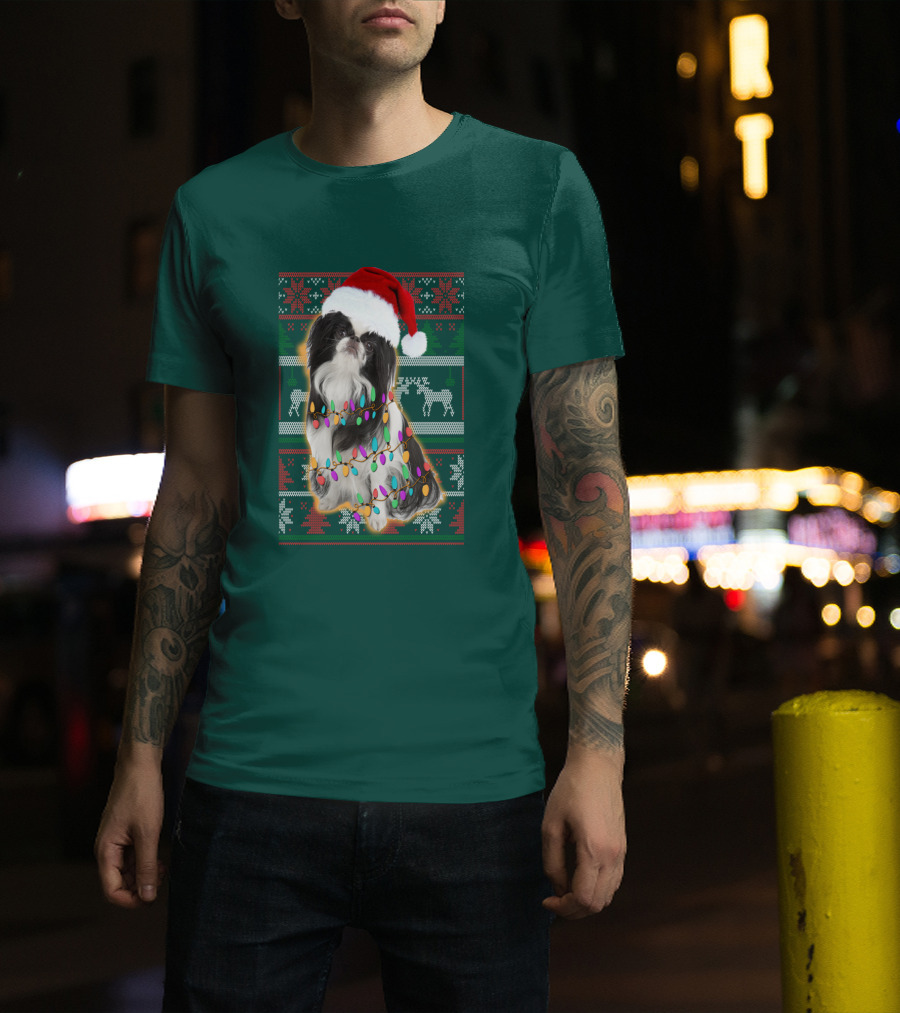 Japanese Chin Christmas Lights Sweater Santa Hat T-Shirt