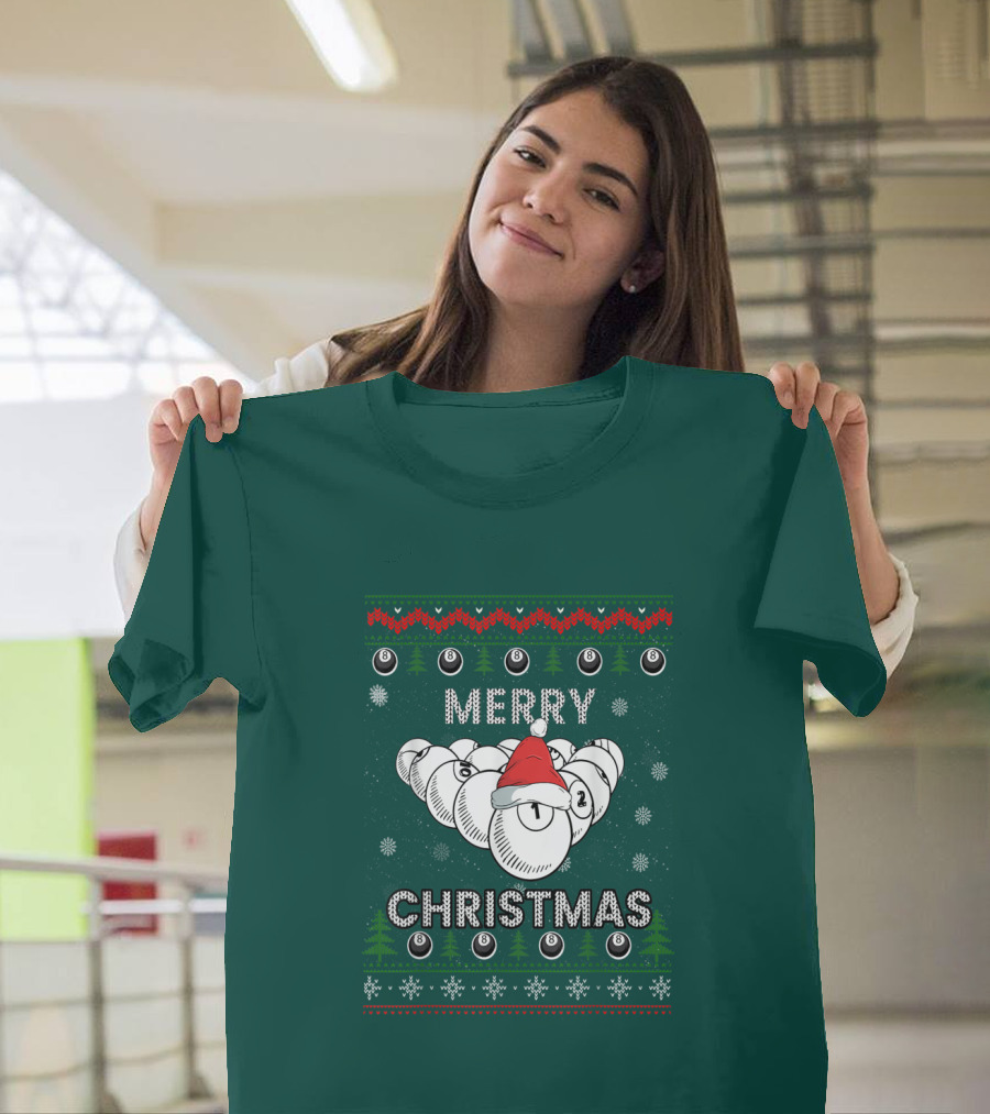 Merry Christmas Santa Hat Billiards Pool Balls Holiday Snowflakes T-Shirt