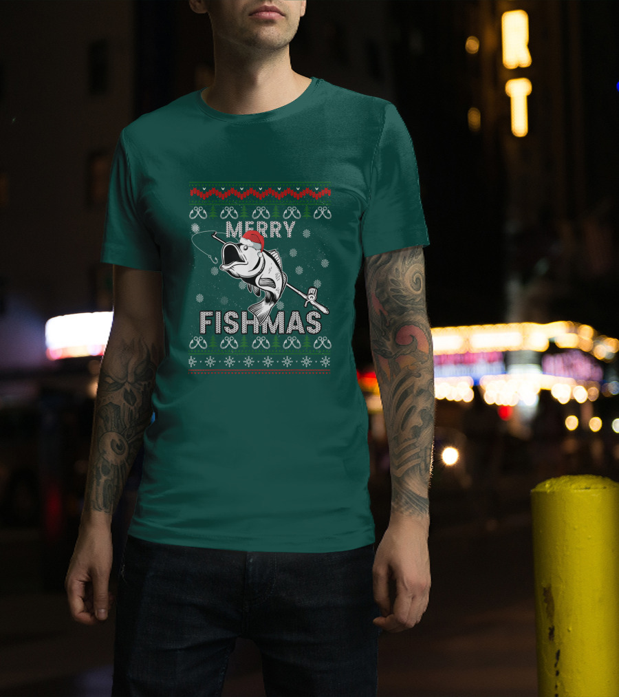 Merry Fishmas Fishing Santa Hat Bass Ugly Christmas T-Shirt