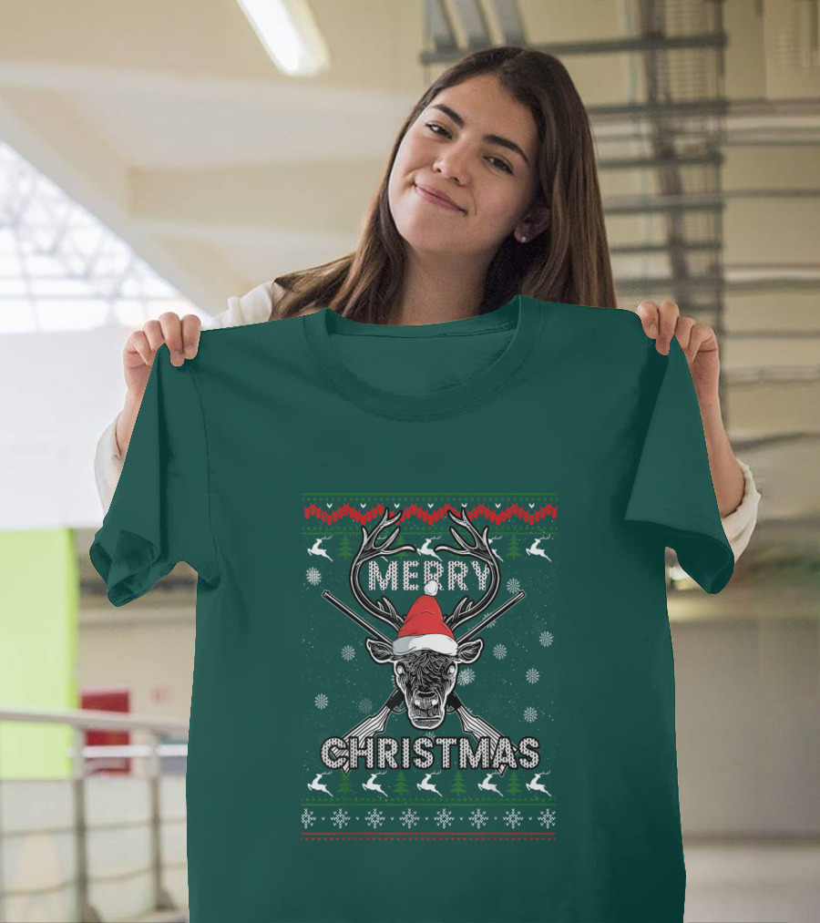 Merry Christmas Hunting Deer Antlers Santa Hat Snowflakes T-Shirt