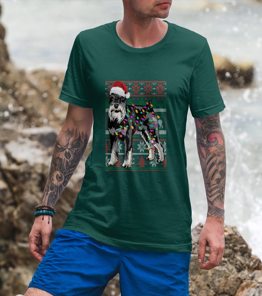Miniature Schnauzer Christmas Sweater Santa Hat And Holiday Lights T-Shirt