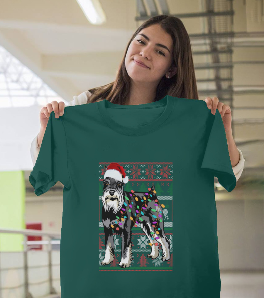Miniature Schnauzer Christmas Sweater Santa Hat and Holiday Lights T-Shirt