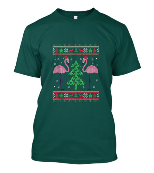 Pink Flamingos Santa Hat Christmas Tree Ugly T-Shirt