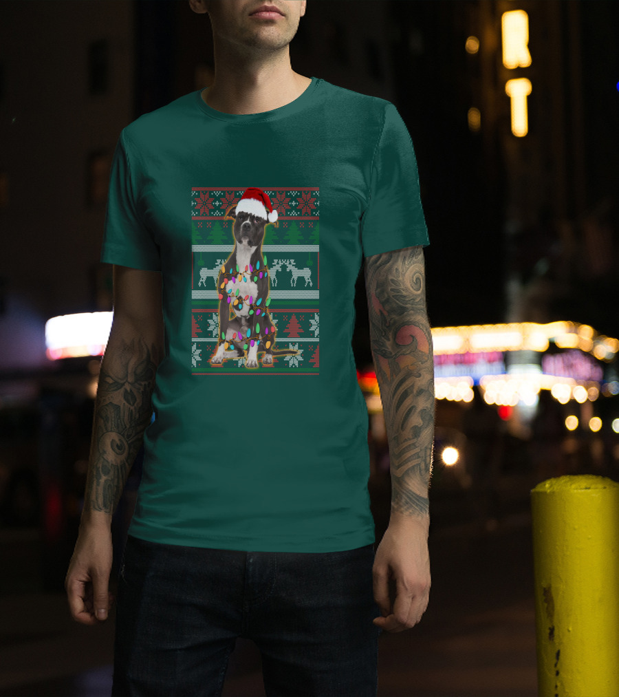 Pitbull Christmas Sweater With Santa Hat And Holiday Lights T-Shirt