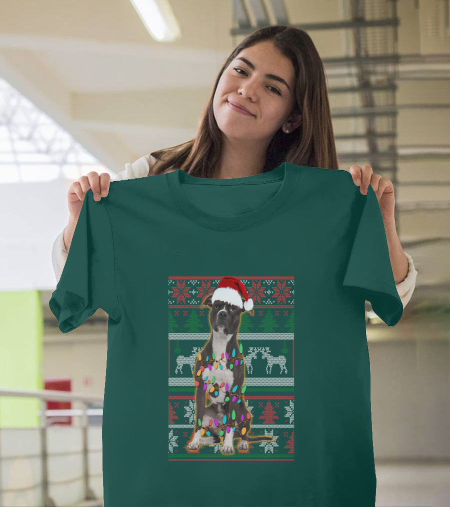 Pitbull Christmas Sweater with Santa Hat and Holiday Lights T-Shirt