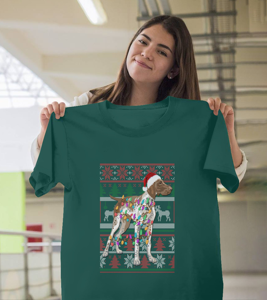 Pointer Christmas Ugly Sweater Santa Hat Lights T-Shirt