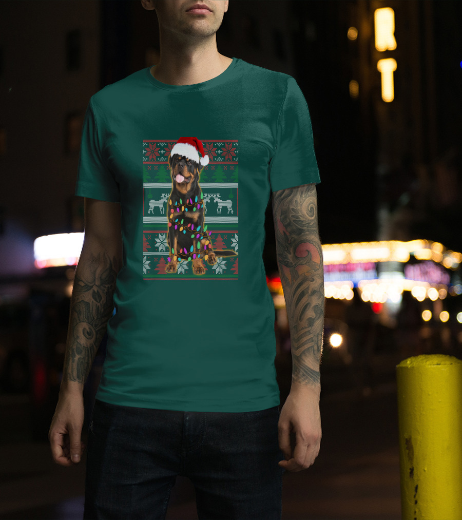 Rottweiler Christmas Lights Ugly Sweater Santa Hat Reindeer Snowflakes T-Shirt