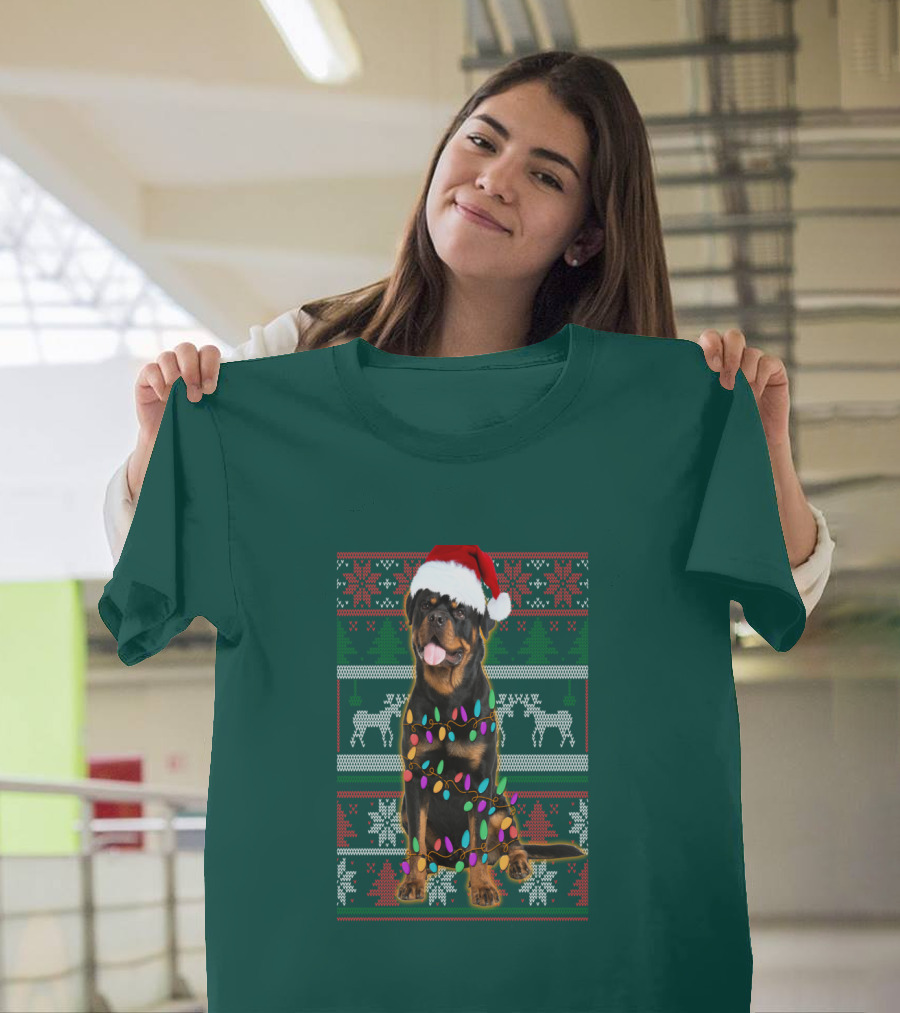 Rottweiler Christmas Lights Ugly Sweater Santa Hat Reindeer Snowflakes T-Shirt