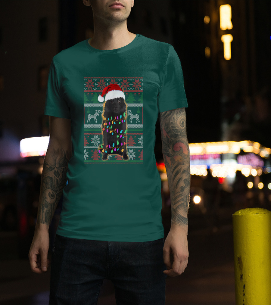 Schipperke Santa Hat Festive Christmas Lights Ugly T-Shirt