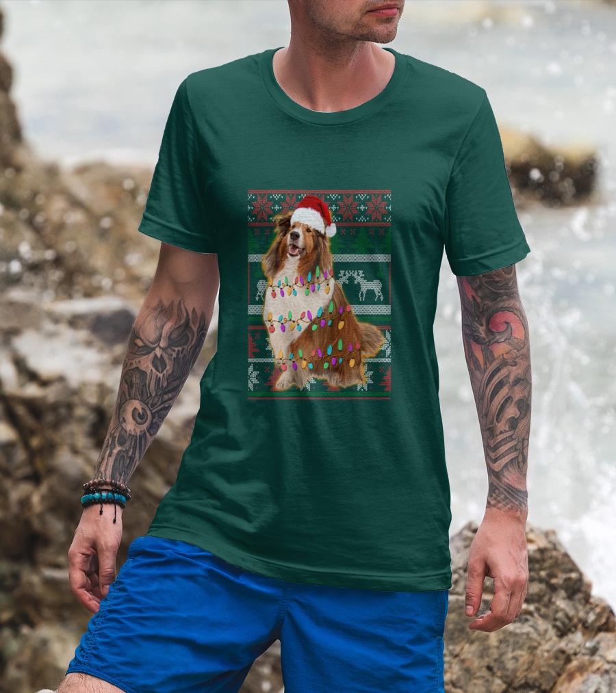 Shetland Sheepdog Christmas Lights Sweater Santa Hat Holiday Festive T-Shirt