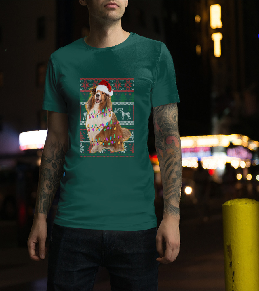 Shetland Sheepdog Christmas Lights Sweater Santa Hat Holiday Festive T-Shirt