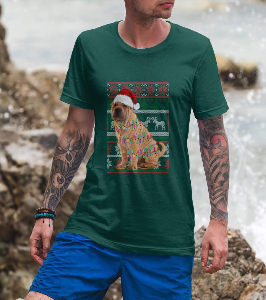 Shar Pei Christmas Lights Santa Hat Puppy T-Shirt