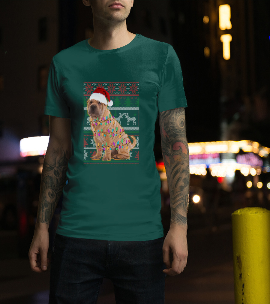 Shar Pei Christmas Lights Santa Hat Puppy T-Shirt