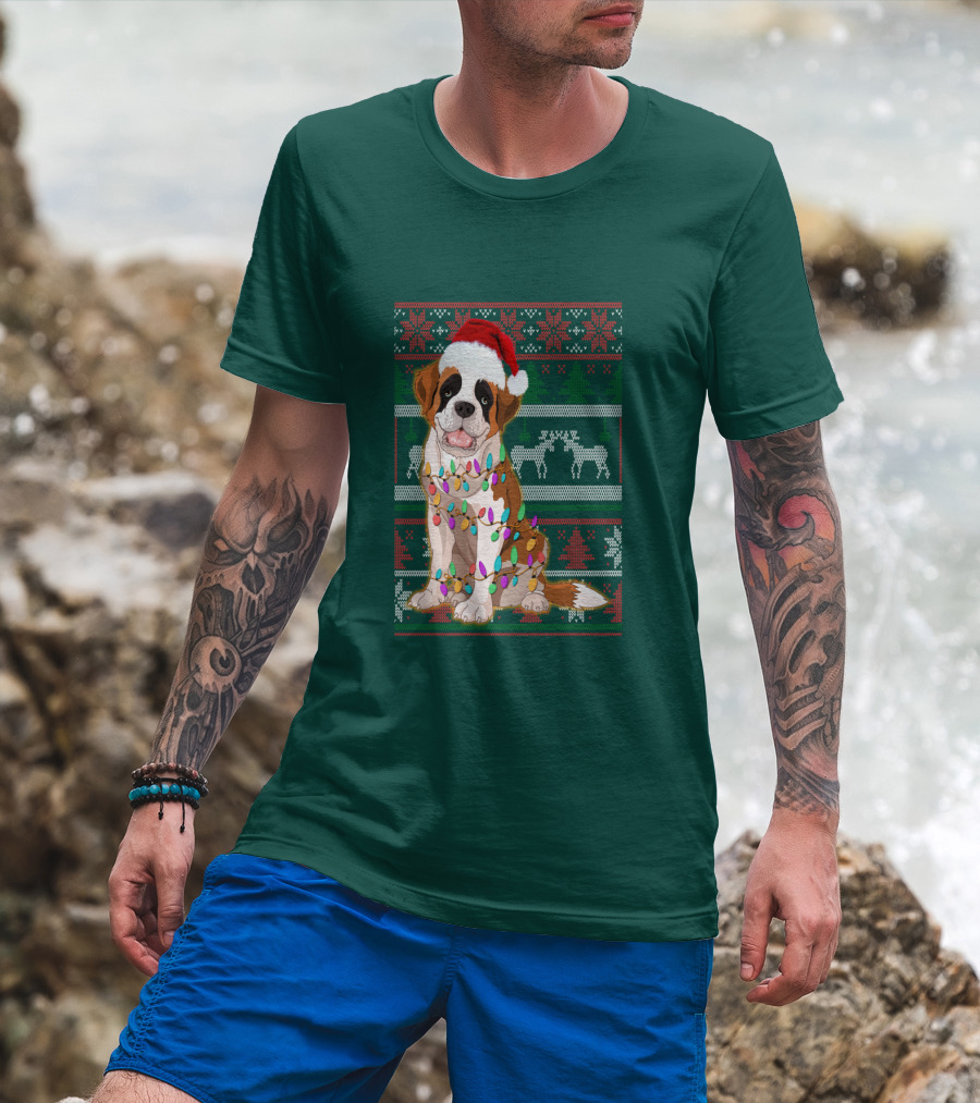 St Bernard Christmas Lights Ugly T-Shirt