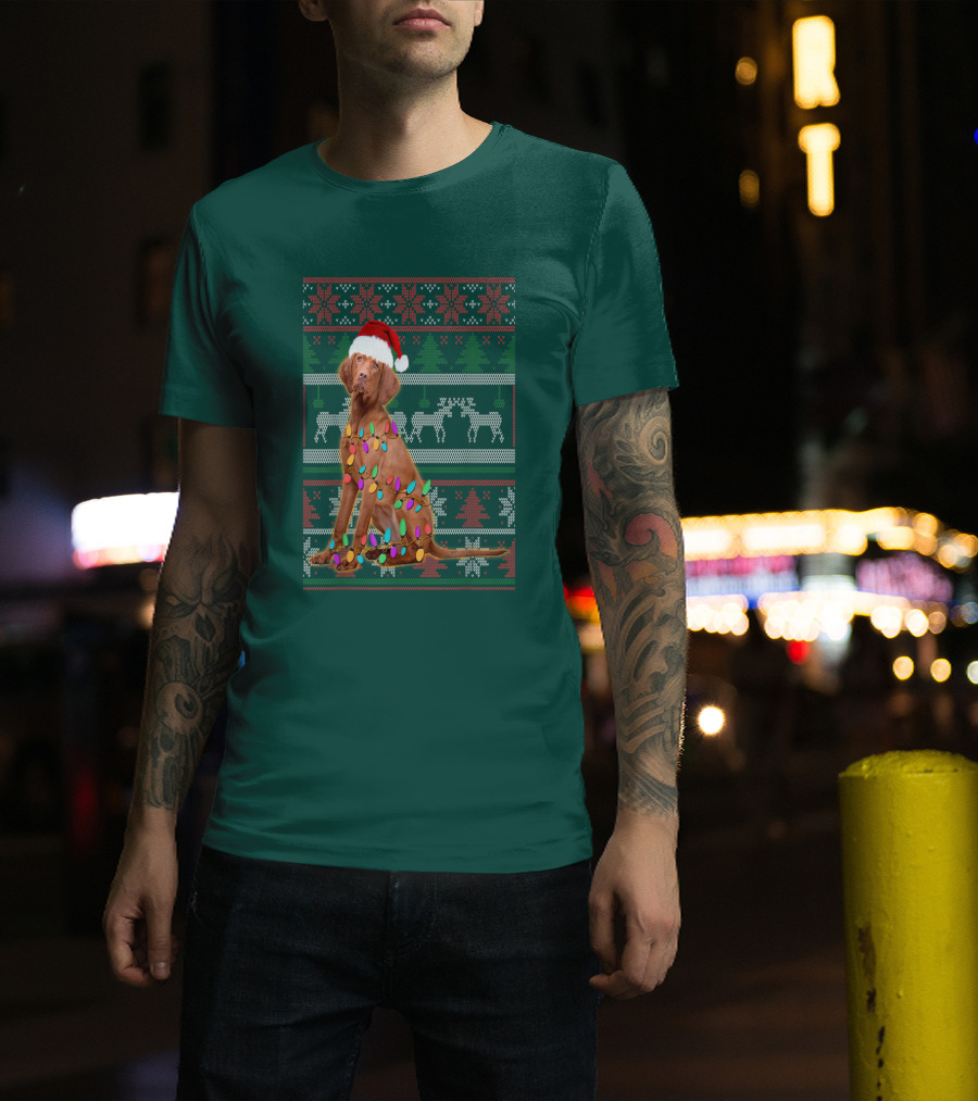 Vizsla Christmas Lights Santa Hat Ugly T-Shirt