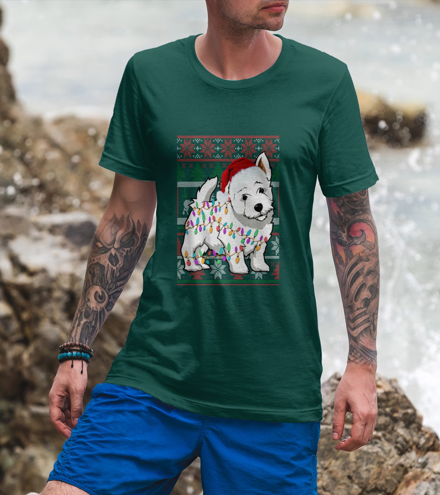 West Highland White Terrier Christmas Lights Ugly Sweater Santa Hat T-Shirt