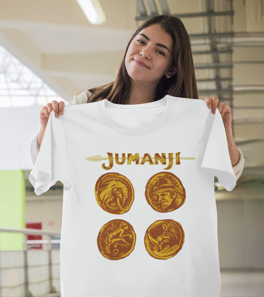 Jumanji Character Portrait Coins And Spear Sketch T-Shirt