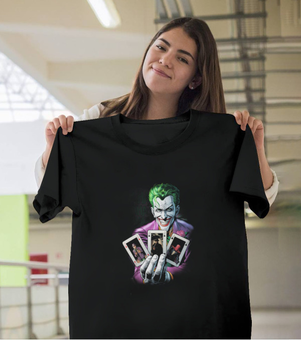 Joker Holding Batman And Red Hood Playing Cards 3 Of A Kind T-Shirt
