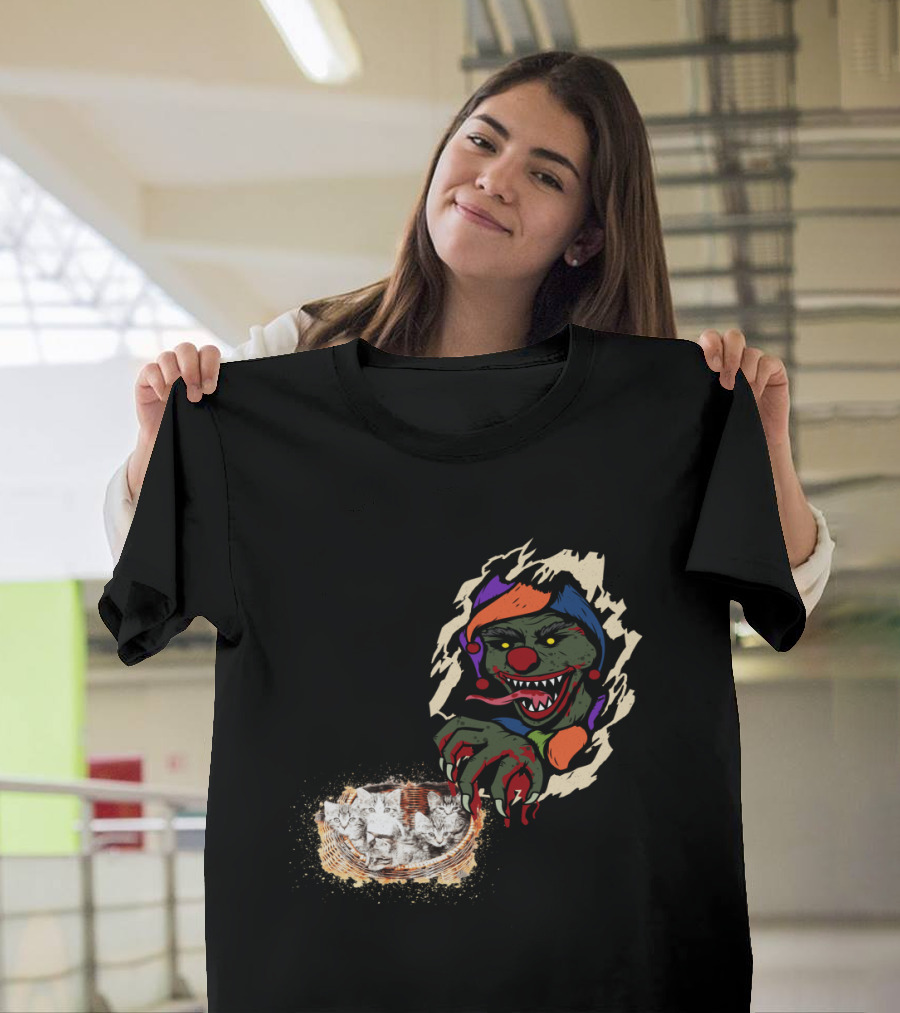 Creepy Joker Clown and Adorable Kittens Popping Out of Torn Hole T-Shirt