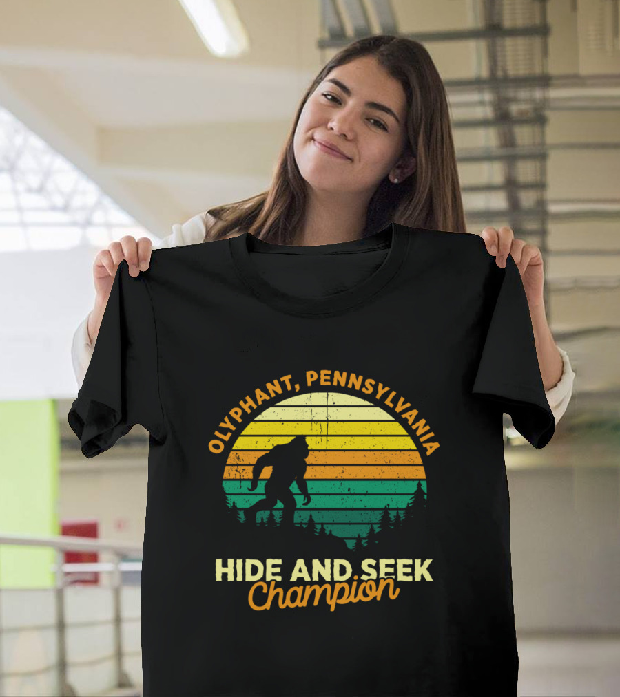 Olyphant Pennsylvania Bigfoot Hide and Seek Champion Retro Sunset T-Shirt