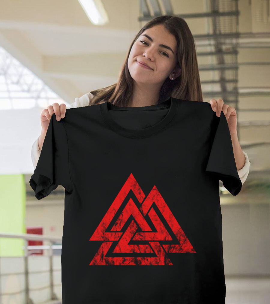 Valknut Symbol Nordic Viking Odin Sign Wicca Red Triangles T-Shirt