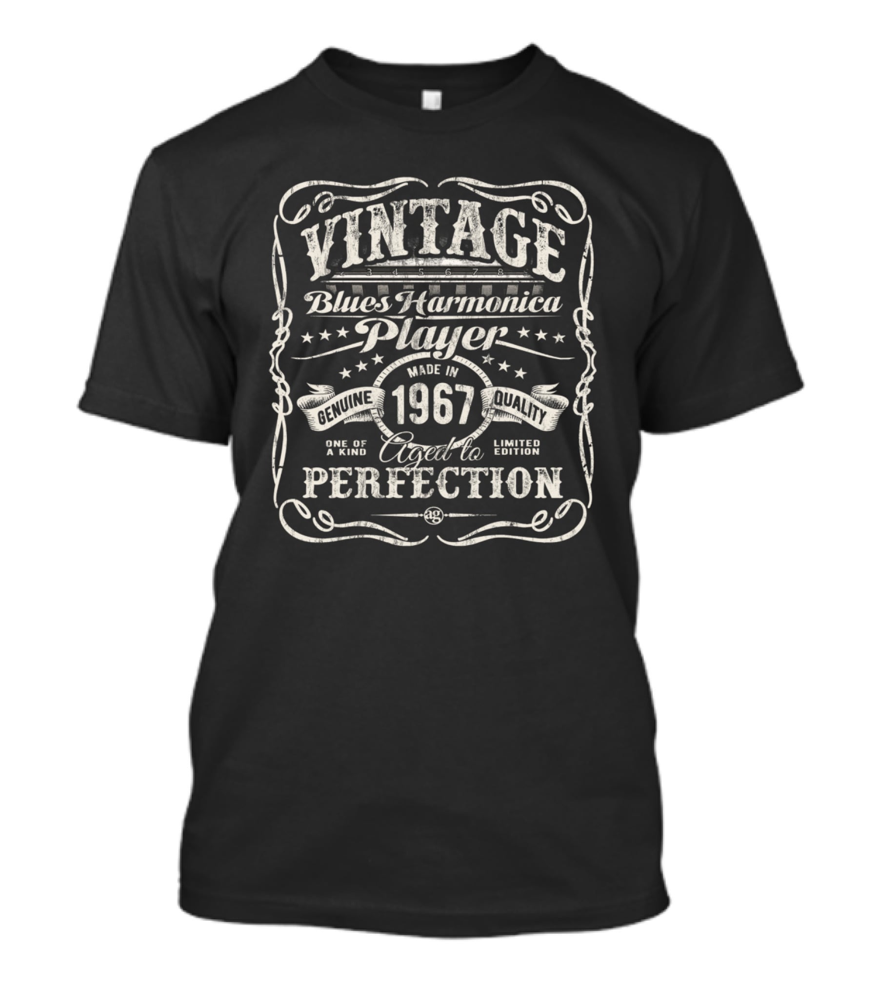 Vintage Blues Harmonica Player Made In 1967 Genuine Quality Aged To Perfection T-Shirt