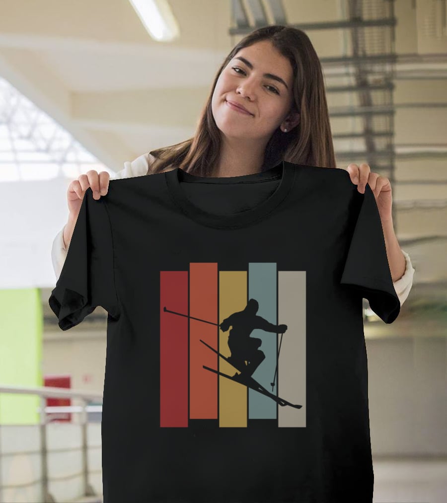 Vintage Skiing Silhouette On Colorful Retro Stripes T-Shirt
