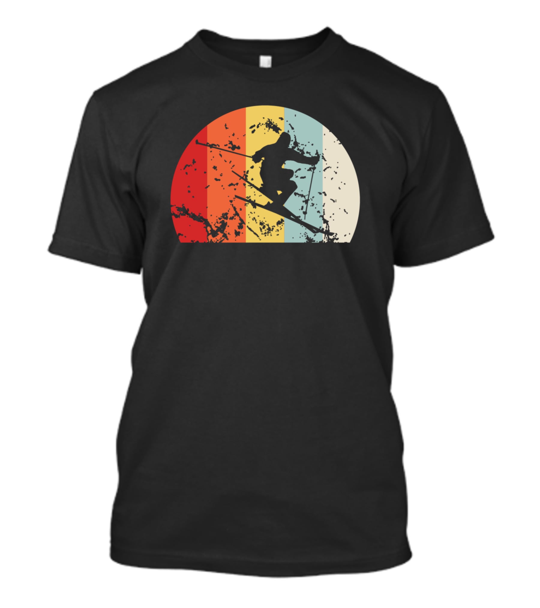 Retro Vintage Skiing Silhouette With Colorful Sunset Stripes T-Shirt