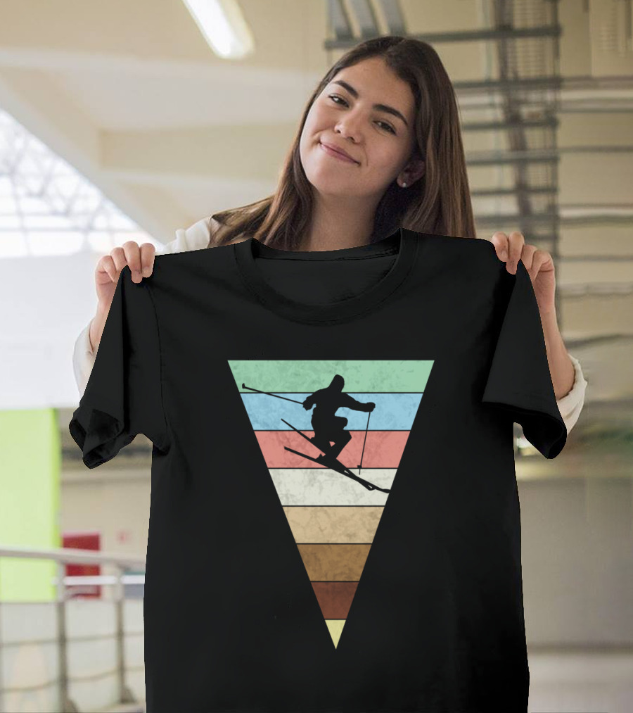 Skiing Vintage Print Silhouette with Retro Stripes for Skiers T-Shirt