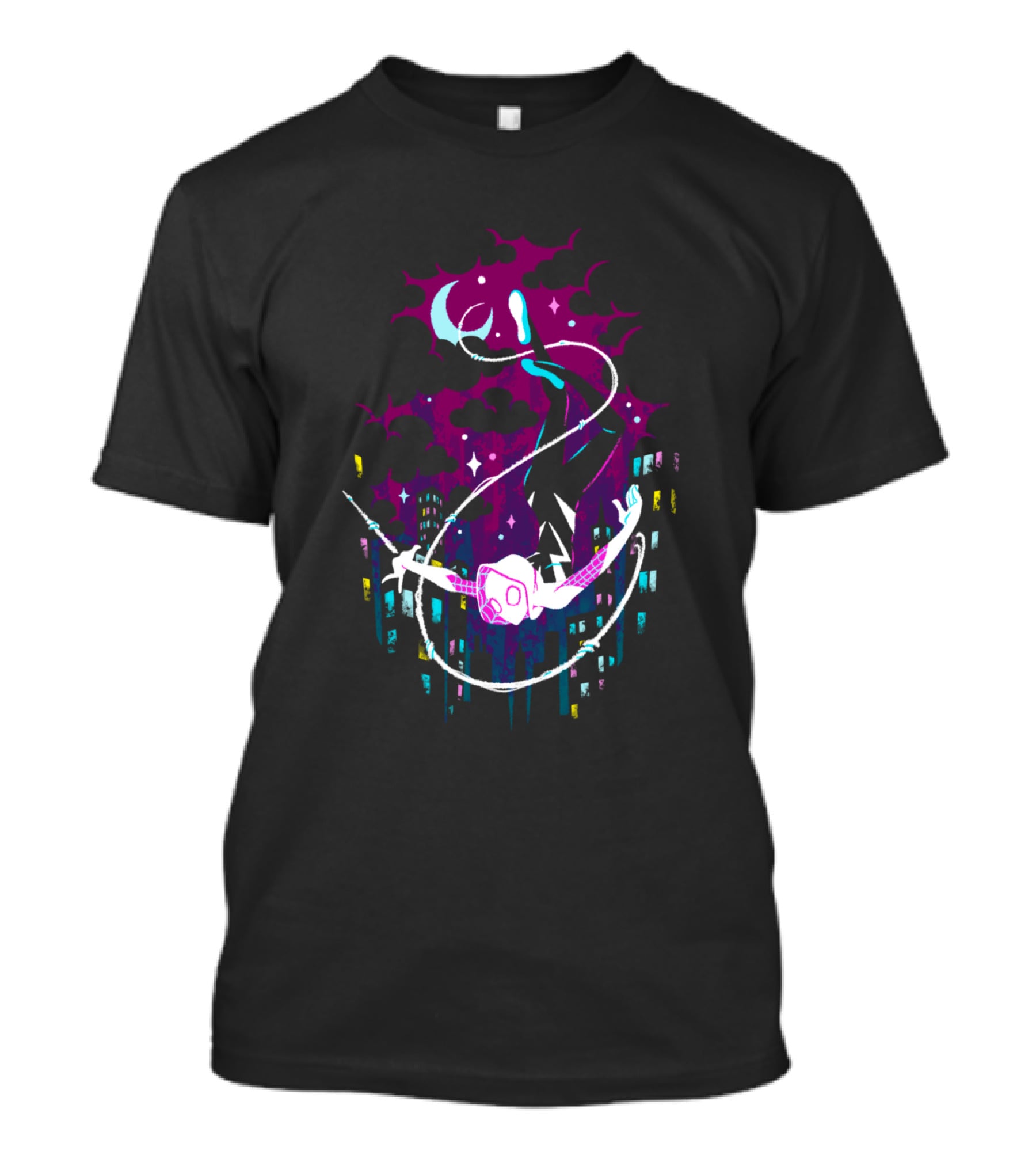 Marvel Ghost Spider Swinging Through Neon City Skyline T-Shirt