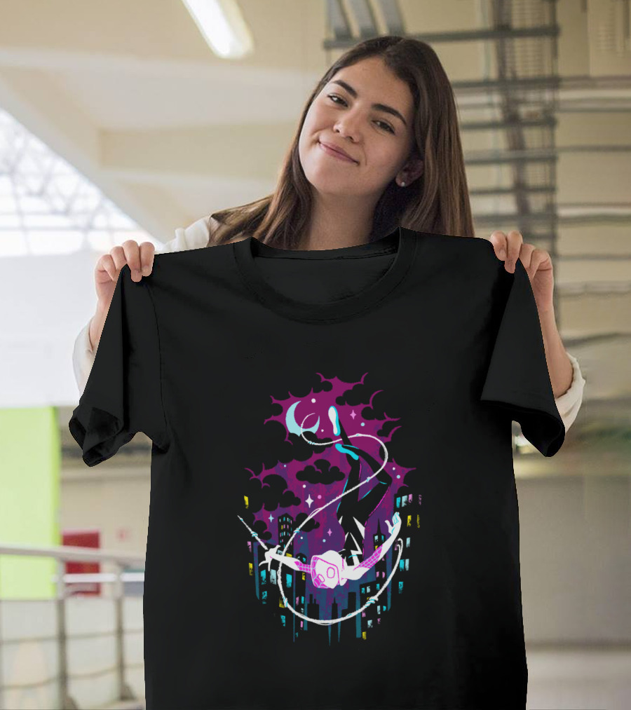 Marvel Ghost Spider Swinging Through Neon City Skyline T-Shirt
