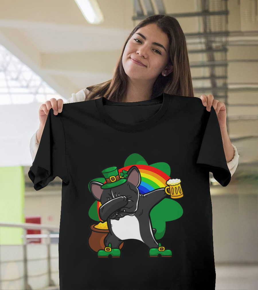 French Bulldog Dabbing Shamrock Rainbow St Patrick's Day T-Shirt