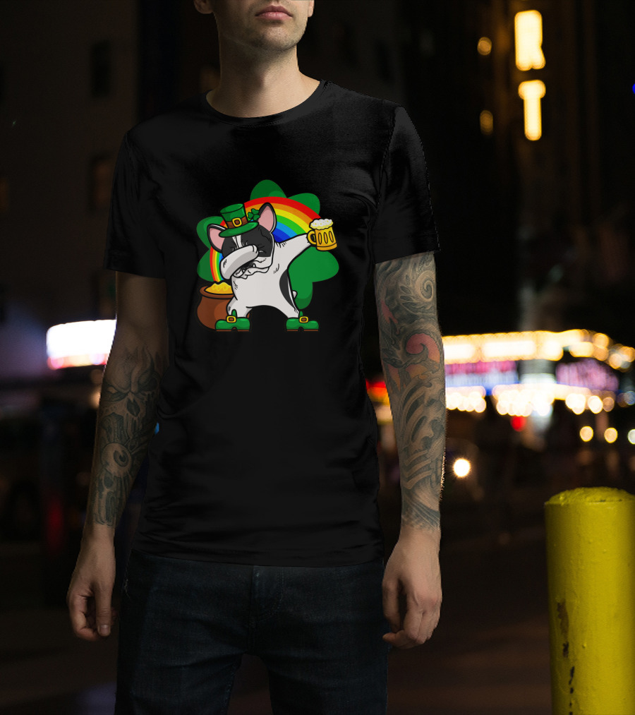 Dabbing Pied French Bulldog St Patrick's Day Rainbow Clover Beer Pot Of Gold T-Shirt