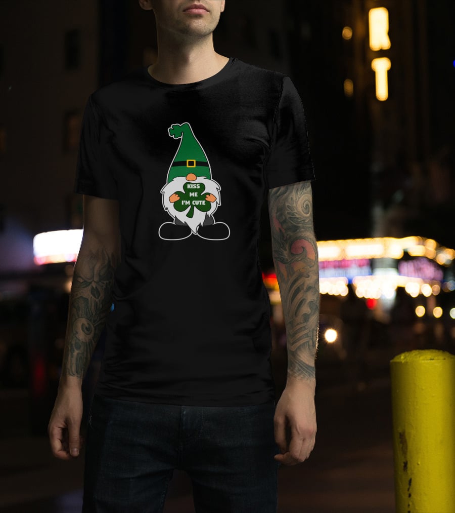 Kiss Me I'm Cute St Patricks Leprechaun Gnome With Clover T-Shirt