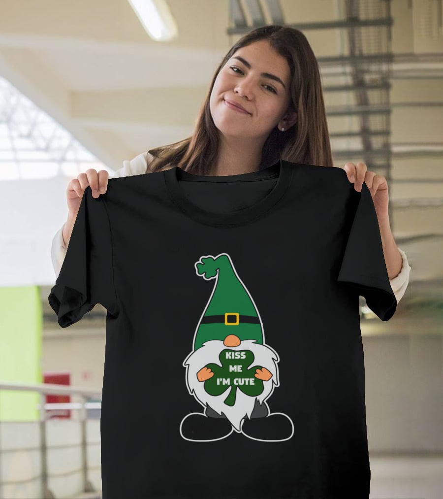 Kiss Me I'm Cute St Patricks Leprechaun Gnome With Clover T-Shirt