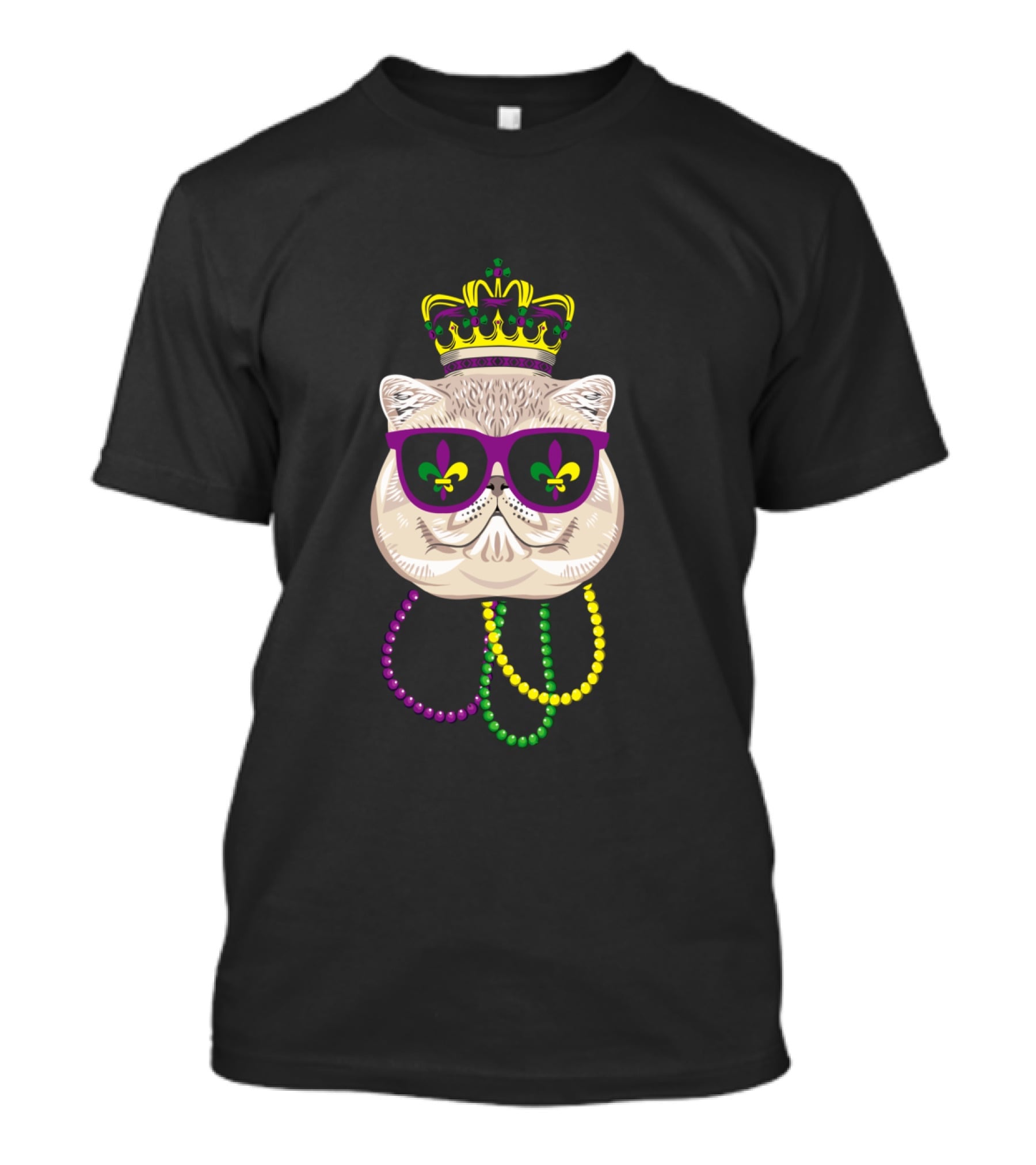 Mardi Gras Cat Wearing Crown, Sunglasses With Fleur-de-Lis, And Colorful Beads T-Shirt